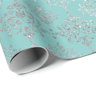 Damask Silver Gray Royal Metallic Aqua Blu Cadeaupapier