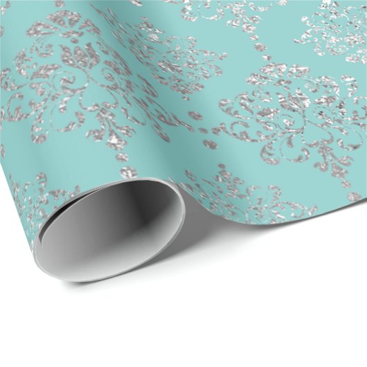 Damask Silver Gray Royal Metallic Aqua Blu Cadeaupapier (Rol Hoek)
