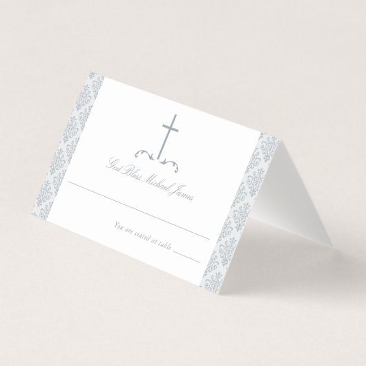 Damask Silver Grey Eerste Communie Religieus Kruis Kaart (Voorkant)