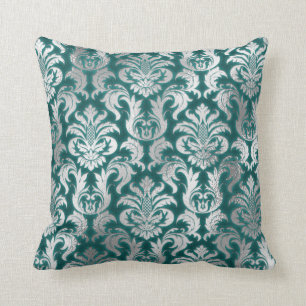 Damask Silver Grey Metallic Blauwgroen Velvet Effe Kussen