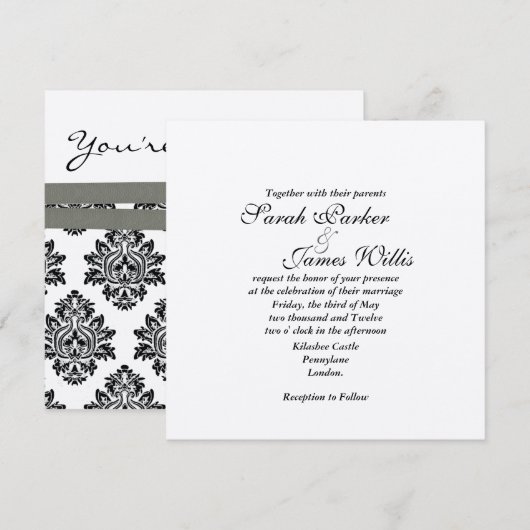 Damask Silver & Grey metallic Wedding Invite TBA Kaart (Voorkant / Achterkant)