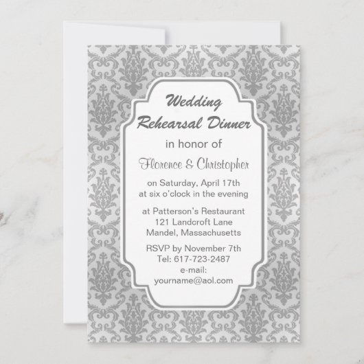 Damask Silver Grey Rehearsal Dinner Invitation Kaart (Voorkant)