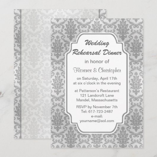 Damask Silver Grey Rehearsal Dinner Invitation Kaart (Voorkant / Achterkant)