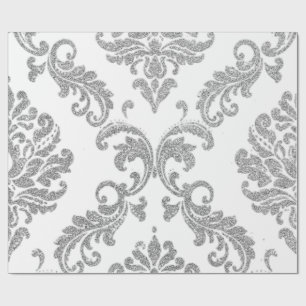 Damask Silver Grey Royal Metallic White Glitter Cadeaupapier