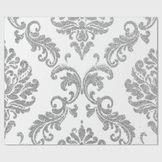 Damask Silver Grey Royal Metallic White Glitter Cadeaupapier (Vlak)