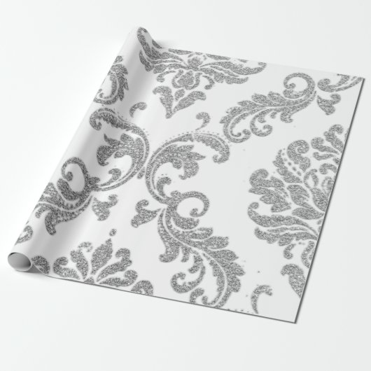 Damask Silver Grey Royal Metallic White Glitter Cadeaupapier (Uitgerold)