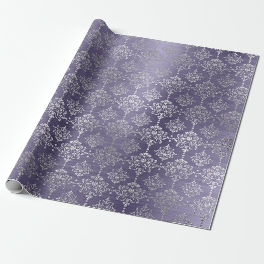 Damask Silver Paars Plum Royal Ornament Formal Cadeaupapier (Uitgerold)