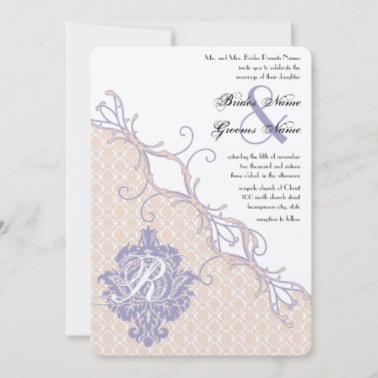  Damask Silver Peony en Lavender Wedding Kaart (Voorkant)