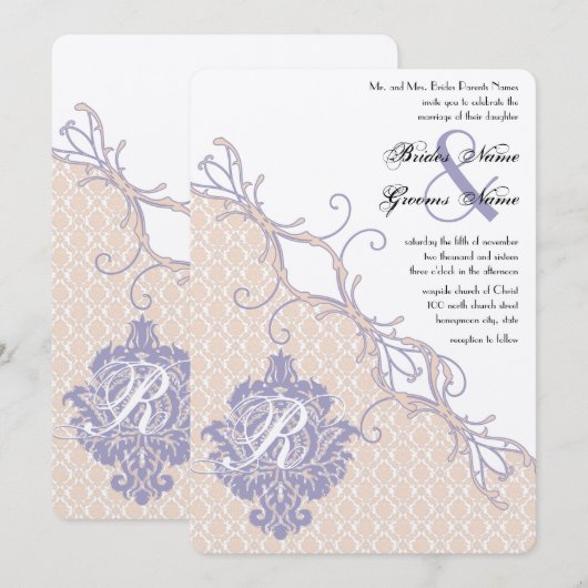 Damask Silver Peony en Lavender Wedding Kaart (Voorkant / Achterkant)