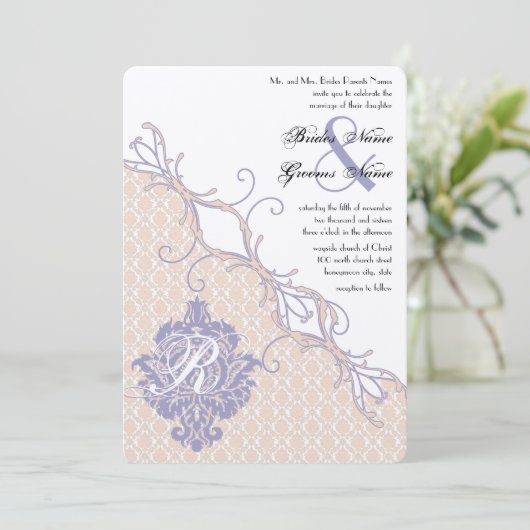 Damask Silver Peony en Lavender Wedding Kaart (Staand voorkant)