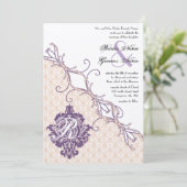  Damask Silver Peony & Grape Wedding Invite Kaart (Staand voorkant)