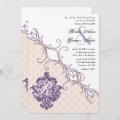  Damask Silver Peony & Grape Wedding Invite Kaart (Voorkant / Achterkant)