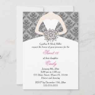 Damask Silver Pink Sweet 16 Birthday Invitation Kaart