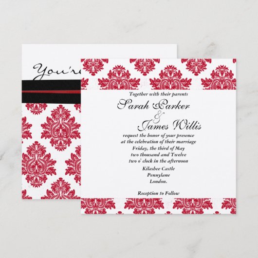 Damask Silver Red & Black metallic Wedding Invite Kaart (Voorkant / Achterkant)