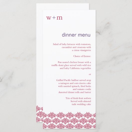 Damask Simplicity Berry Paarse bruiloft menu (Voorkant / Achterkant)