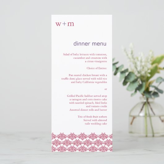 Damask Simplicity Berry Paarse bruiloft menu (Staand voorkant)