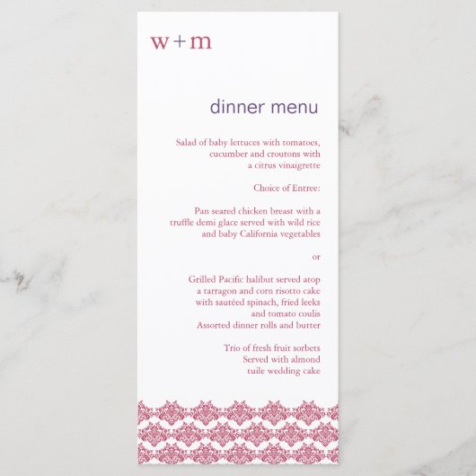 Damask Simplicity Berry Paarse bruiloft menu (Voorkant)