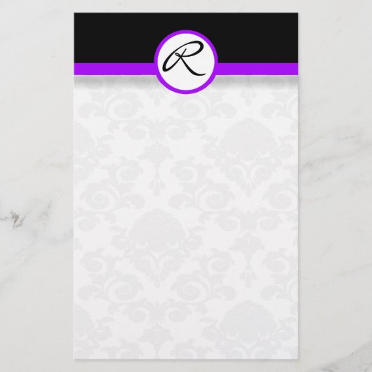 Damask Single Line Paarse Monogram briefpapier (Voorkant)