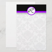 Damask Single Line Paarse Monogram briefpapier (Voorkant / Achterkant)