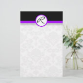 Damask Single Line Paarse Monogram briefpapier (Staand voorkant)