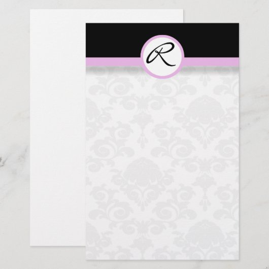 Damask Single Line Pink Monogram briefpapier (Voorkant / Achterkant)