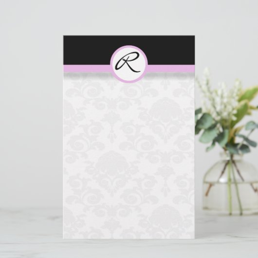 Damask Single Line Pink Monogram briefpapier (Staand voorkant)