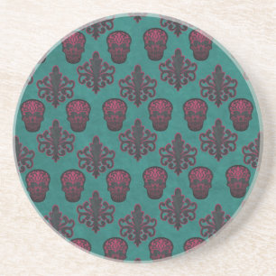 DAMASK SKULL HOT PINK OP BLAUWGROEN ZANDSTEEN ONDERZETTER