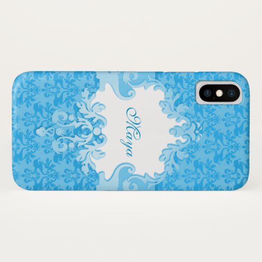 Damask sky blue name iphone case (Achterkant (horizontaal))