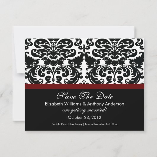Damask slaat The Date Announounding Merlot Red op Save The Date (Voorkant)