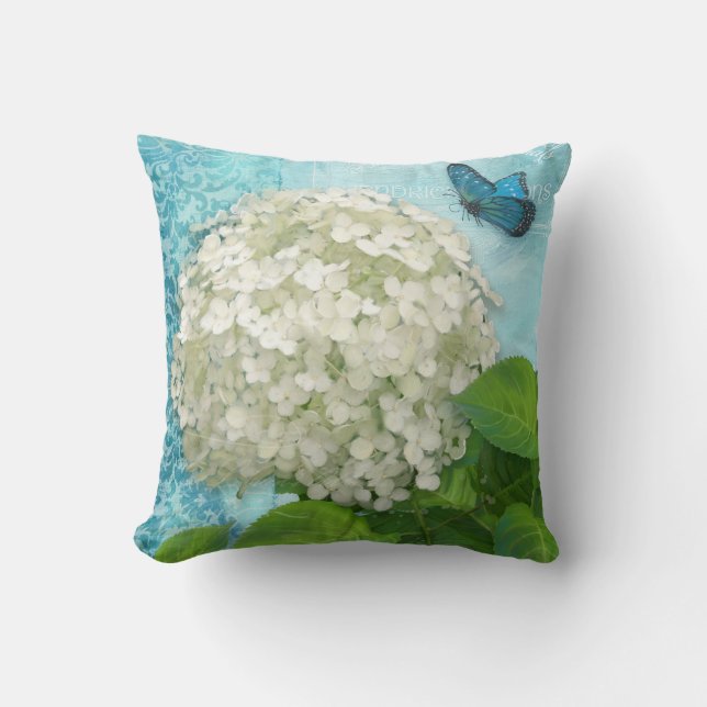 Damask Snowball White Hydrangea Blue Butterfly Art Kussen (Voorkant)