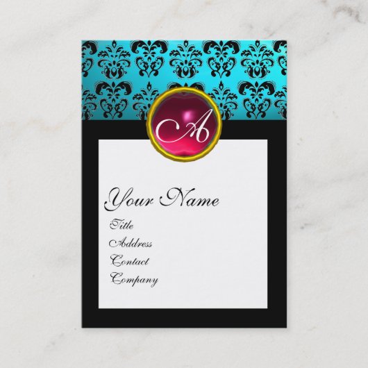 DAMASK SQUARE MONOGRAM, blauwe troebele rode roodr Visitekaartje (Voorkant)