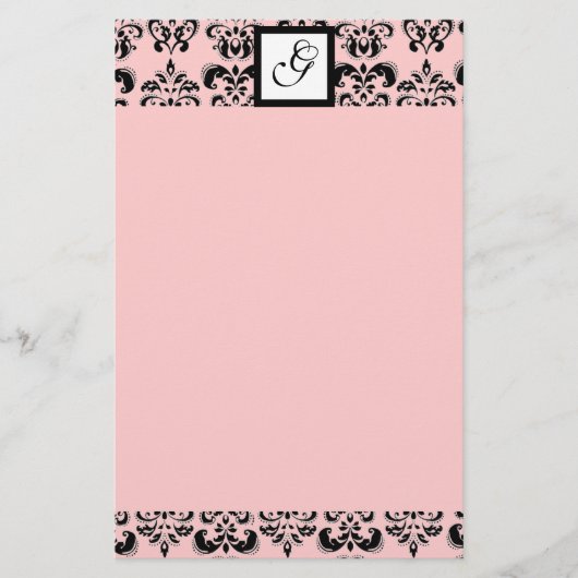 DAMASK SQUARE MONOGRAM ,zwart en roze Briefpapier (Voorkant)