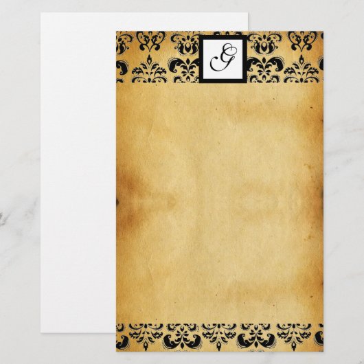 DAMASK SQUARE PARCHMENTMONOGRAM ,zwart en bruin Briefpapier (Voorkant / Achterkant)