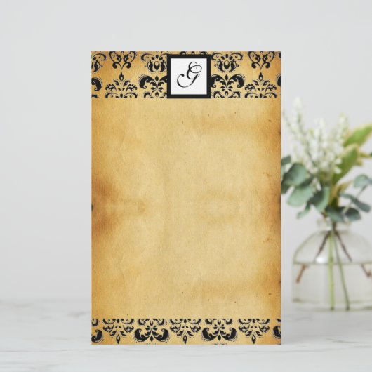 DAMASK SQUARE PARCHMENTMONOGRAM ,zwart en bruin Briefpapier (Staand voorkant)