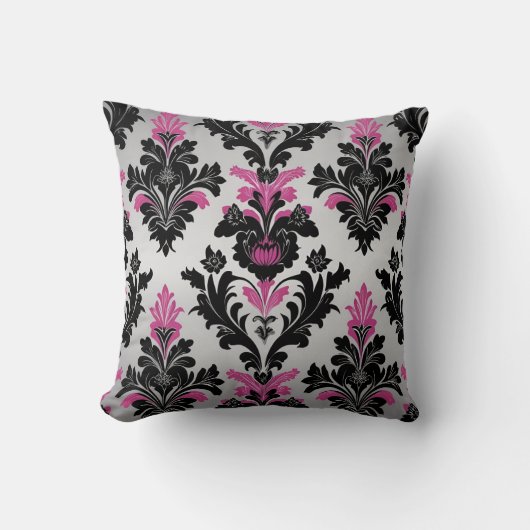 Damask stijl Kussen Roze, Zwart en Zilver (Voorkant)