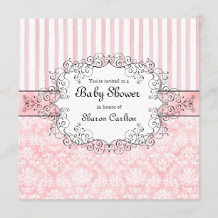 Damask & Stripe Baby Girl Shower Invitation Kaart