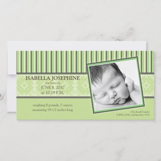 Damask & Stripes Lime Green Geboorteaankondiging Aankondiging (Voorkant)