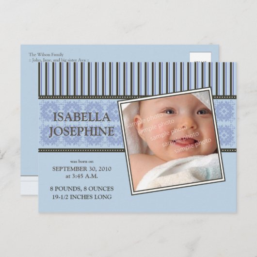 Damask & Stripes Periwinkle Geboorteaankondiging Aankondigingskaart (Voorkant / Achterkant)
