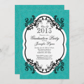  Damask Stylish Blue Graduparty Kaart (Voorkant / Achterkant)