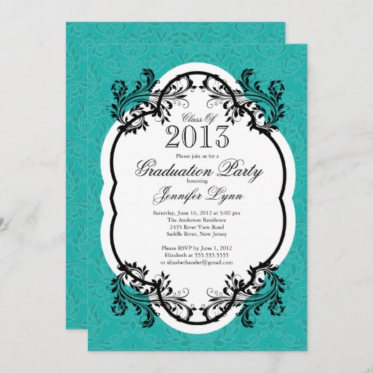  Damask Stylish Blue Graduparty Kaart (Voorkant / Achterkant)