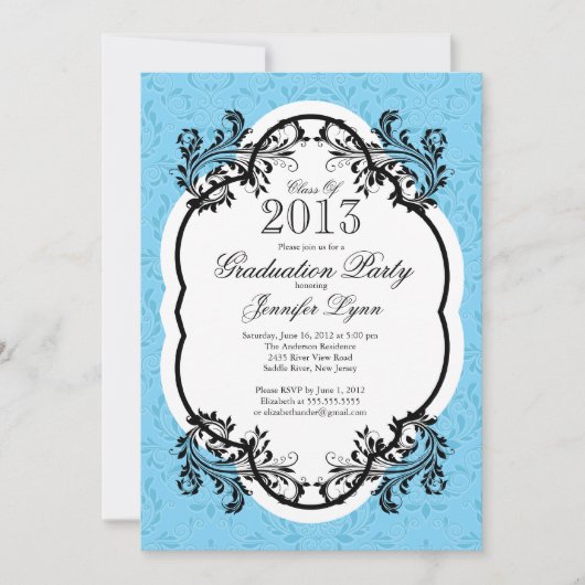  Damask Stylish Blue Graduparty Kaart (Voorkant)