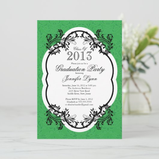  Damask Stylish Green Graduparty Kaart (Staand voorkant)