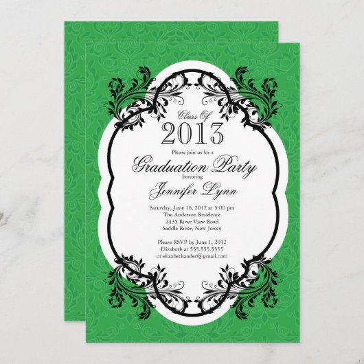  Damask Stylish Green Graduparty Kaart (Voorkant / Achterkant)