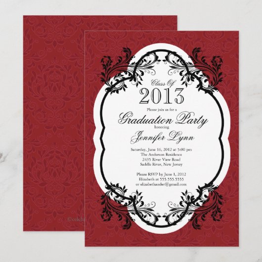  Damask Stylish Red Graduparty Kaart (Voorkant / Achterkant)