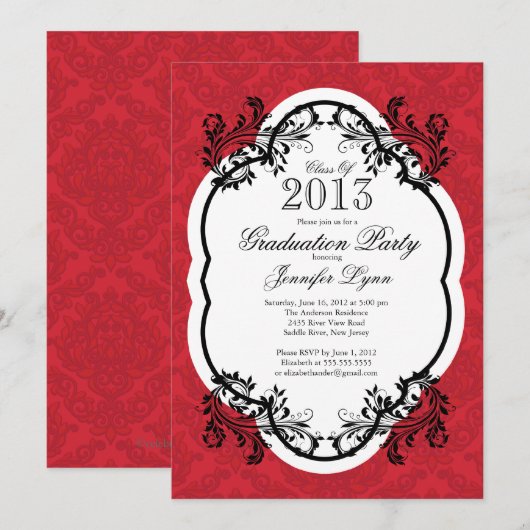 Damask Stylish Red Graduparty Kaart (Voorkant / Achterkant)