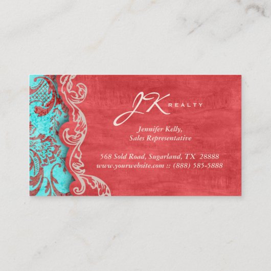  Damask Suede Turquoise Blue Red Visitekaartje (Achterkant)