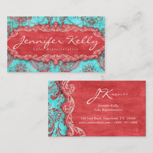  Damask Suede Turquoise Blue Red Visitekaartje (Voorkant / Achterkant)
