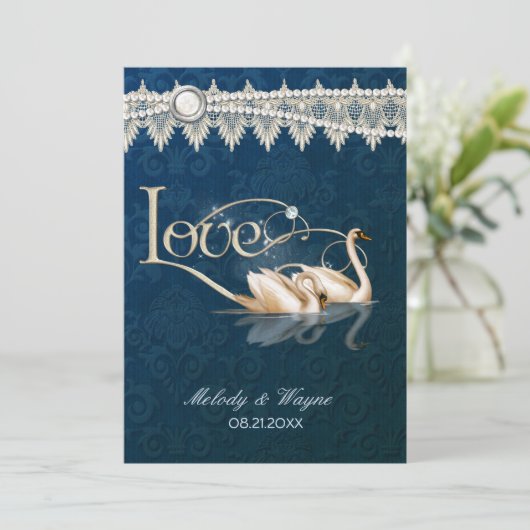 Damask Swan Elegance Blue - Uitnodiging voor een b (Staand voorkant)