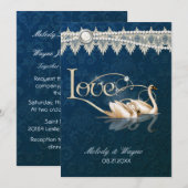 Damask Swan Elegance Blue - Uitnodiging voor een b (Voorkant / Achterkant)