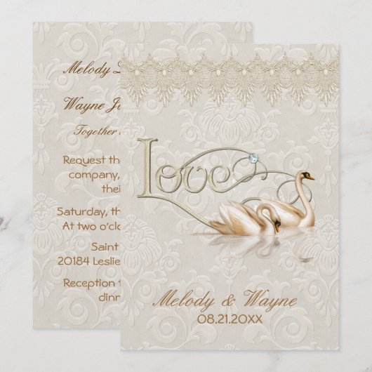 Damask Swan Elegance Ivoor - Uitnodiging voor brui (Voorkant / Achterkant)